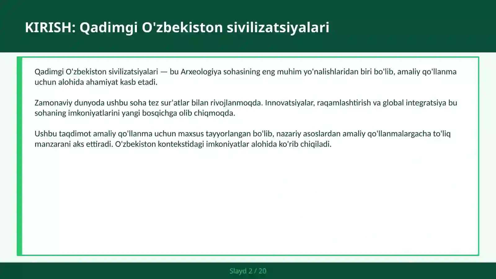 QADIMGI O'ZBEKISTON SIVILIZATSIYALARI Xorazm, Sug'd va Baqtriya madaniyatlari — amaliy qo'llanma 2