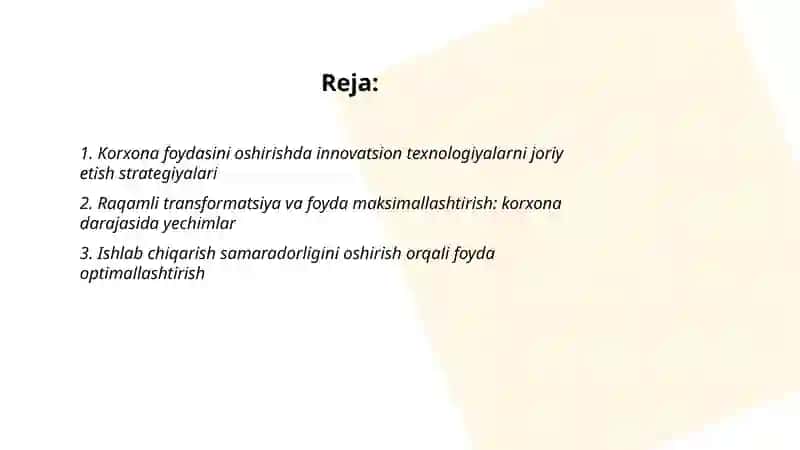 Korxona foydasini oshirishda innovatsion texnologiyalarni joriy etish strategiyalari 2