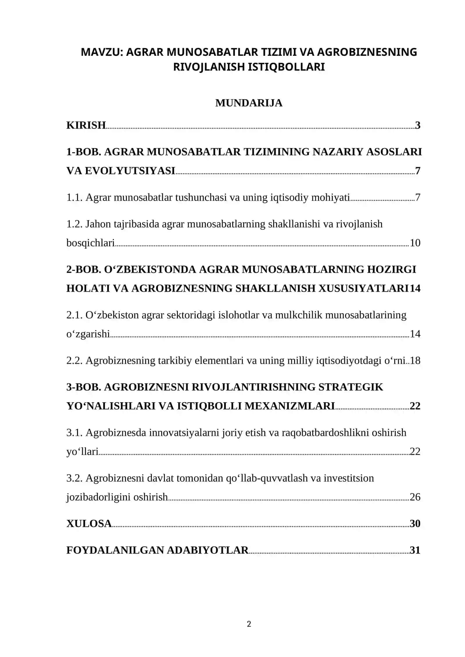 AGRAR MUNOSABATLAR TIZIMI VA AGROBIZNESNING RIVOJLANISH ISTIQBOLLARI 2