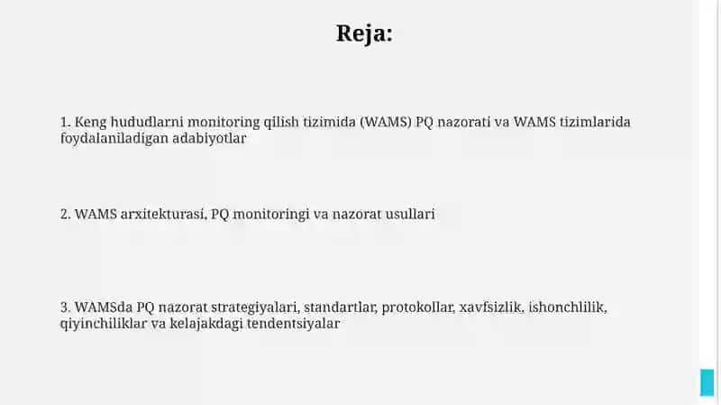 WAMS tizmlarida Wide area monitoring system PQ nazorati va foydalanilgan adabiyot 2