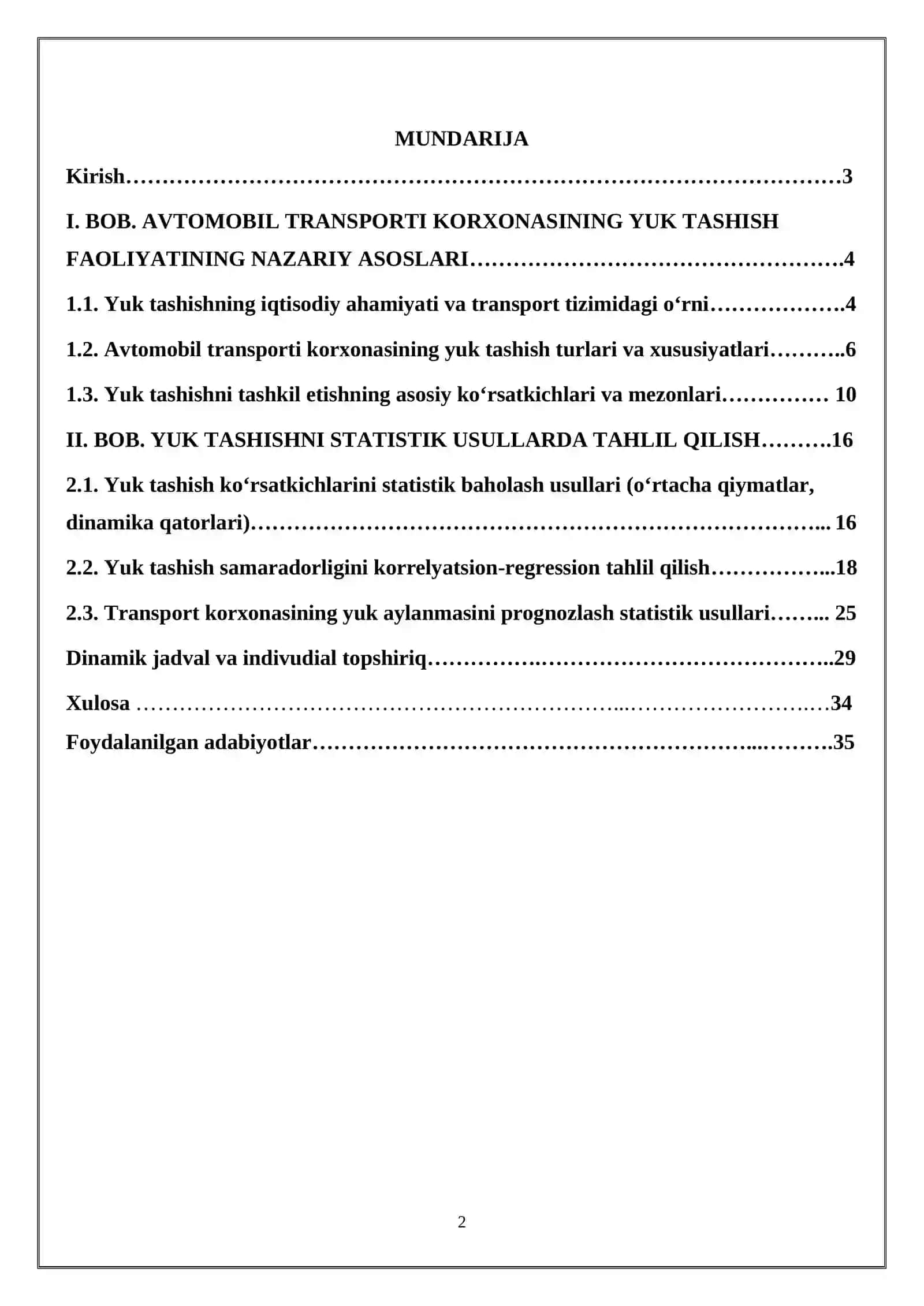 AVTOMOBIL TRANSPORTI KORXONANING YUK TASHISH O'RGANISHNING STATIK USULLARI 2