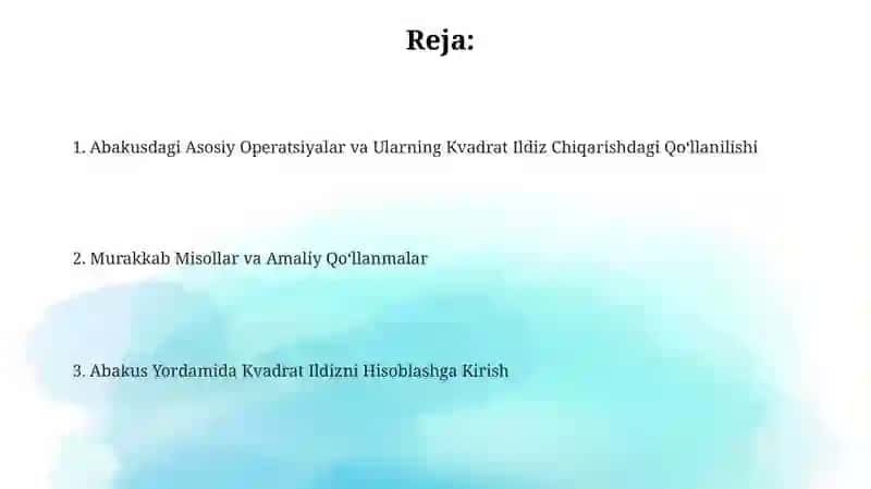 Abakusdagi Asosiy Operatsiyalar va Ularning Kvadrat Ildiz Chiqarishdagi Qo‘llanilishi 2