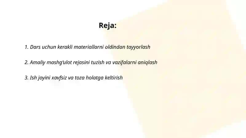 Dars uchun kerakli materiallarni oldindan tayyorlash 2