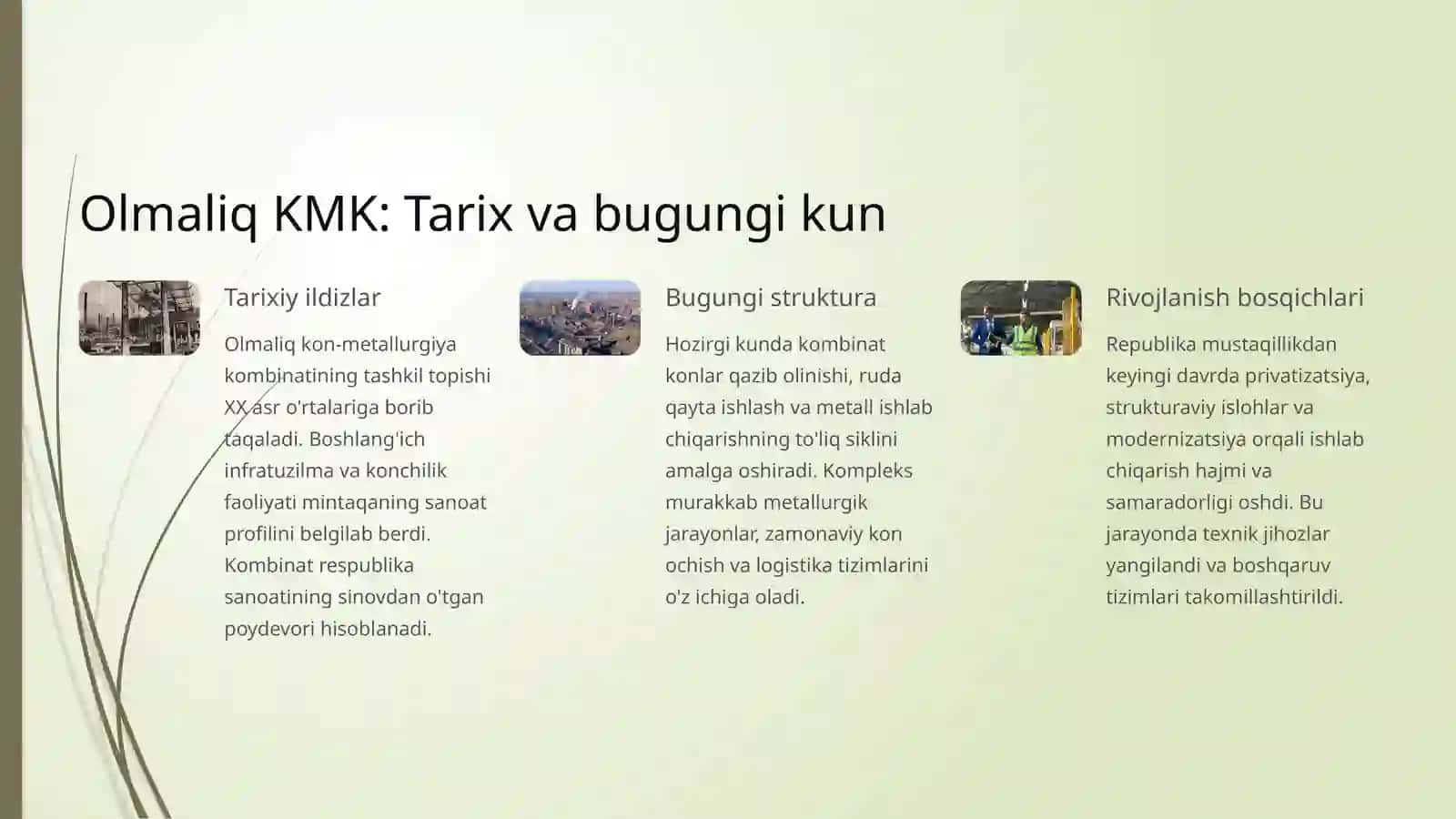 O'zbekistonda Olmaliq kon‑metallurgiya kombinatining o'rnivaahamiyati 2