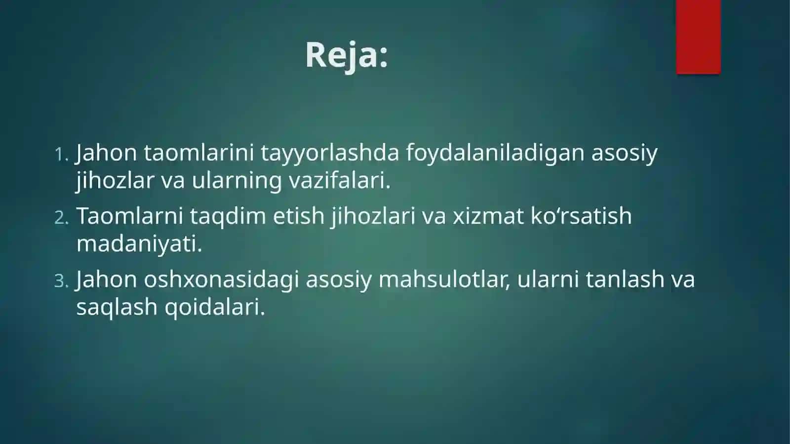 Jihoz va mahsulotlar. Johon taomlari uchun jihozlar tayyorlash va taqdim etish jihozlari Jahon oshxonasidagi asosiy mahsulotlar. 2