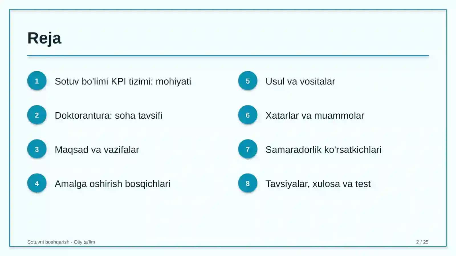 Doktoranturada sotuv bo'limi KPI tizimini joriy etish 2