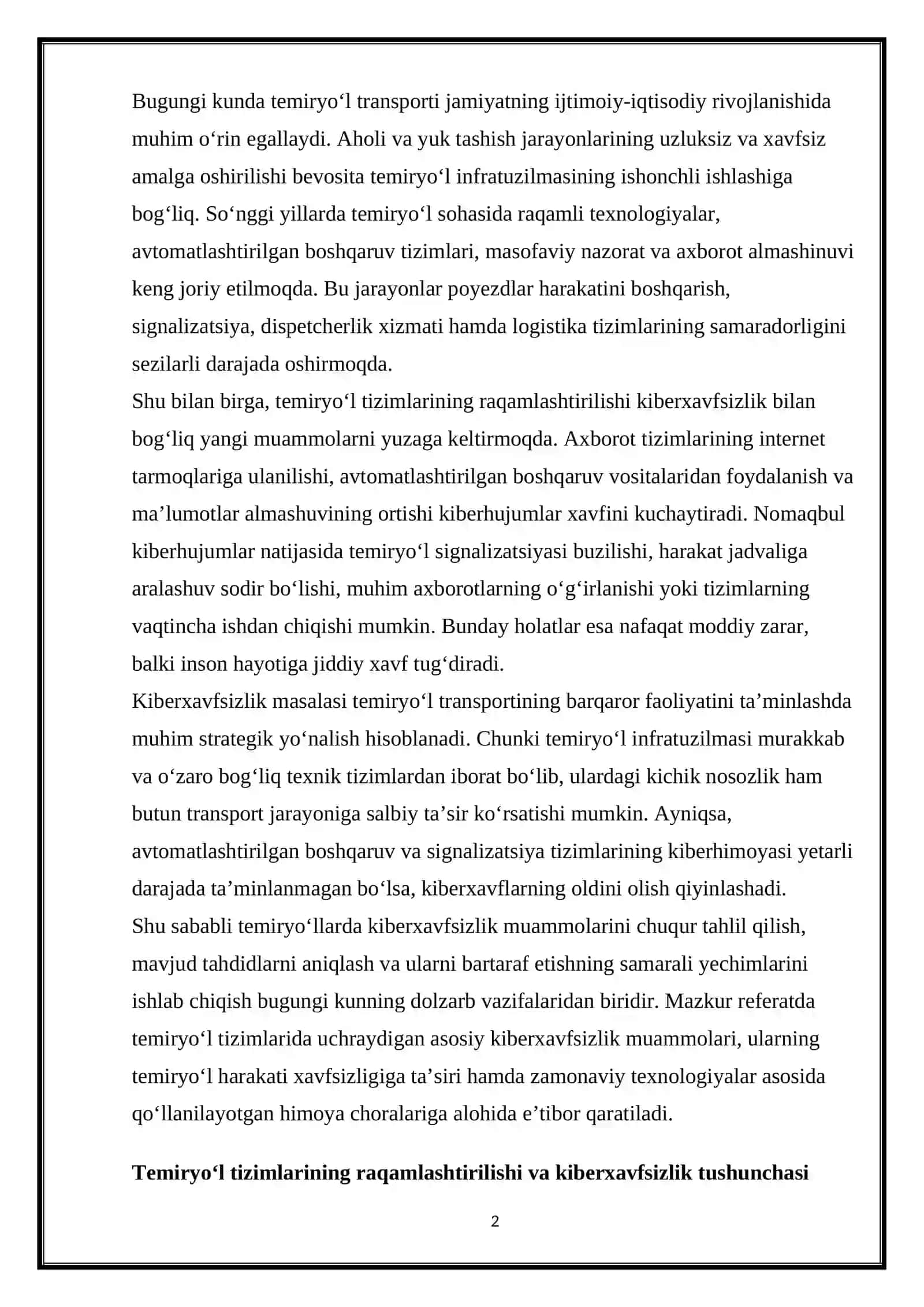 Temiryo‘llarda kiberxavfsizlik muammolari va ularni bartaraf etish yo‘llari 2