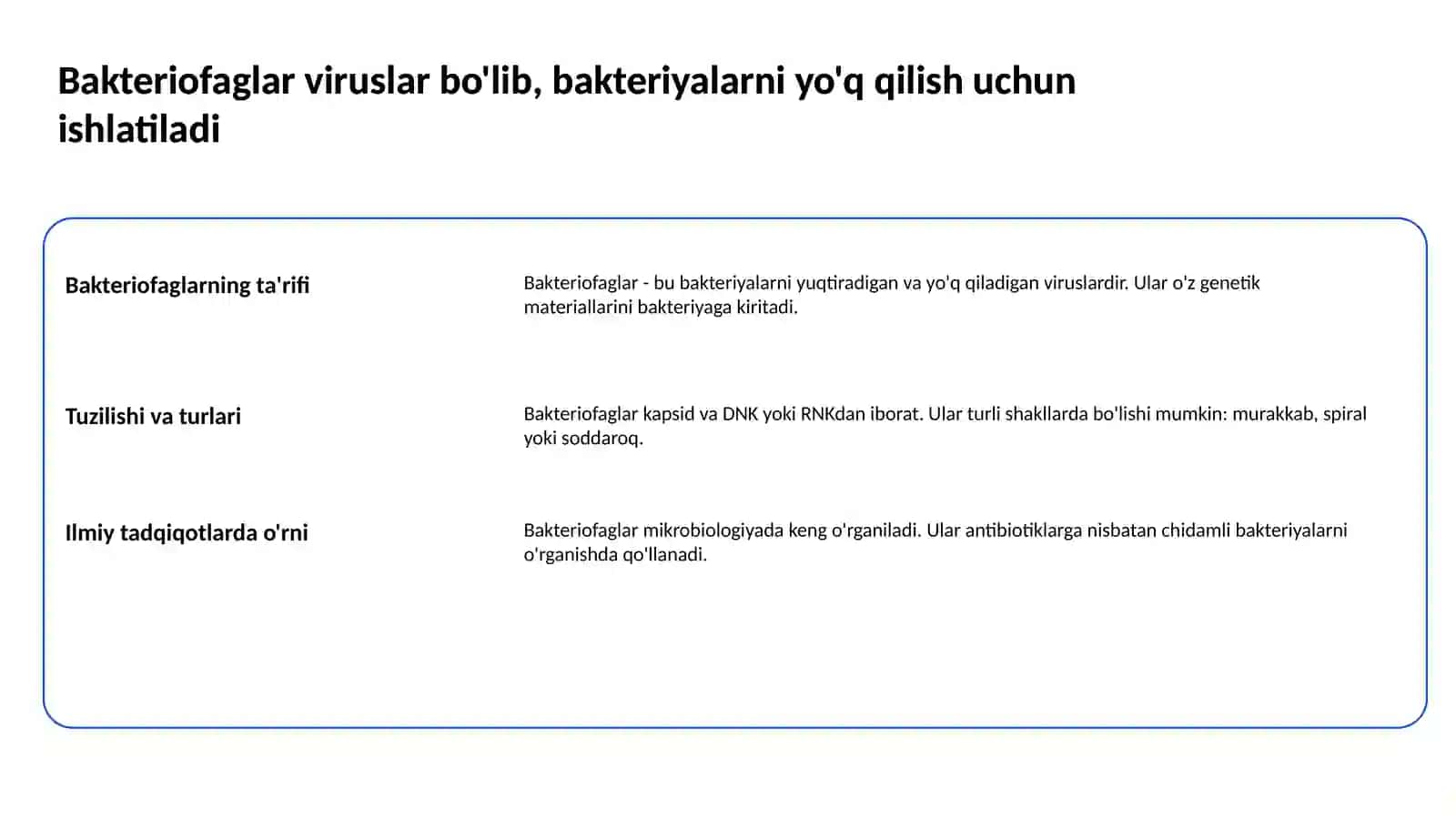 Bakteriofaglar, morfologiyasi, strukturasi, repraduksiyasi, amaliyotda (davolashda, identifikatsiyada, profilaktikada) qo’llanilishi 2