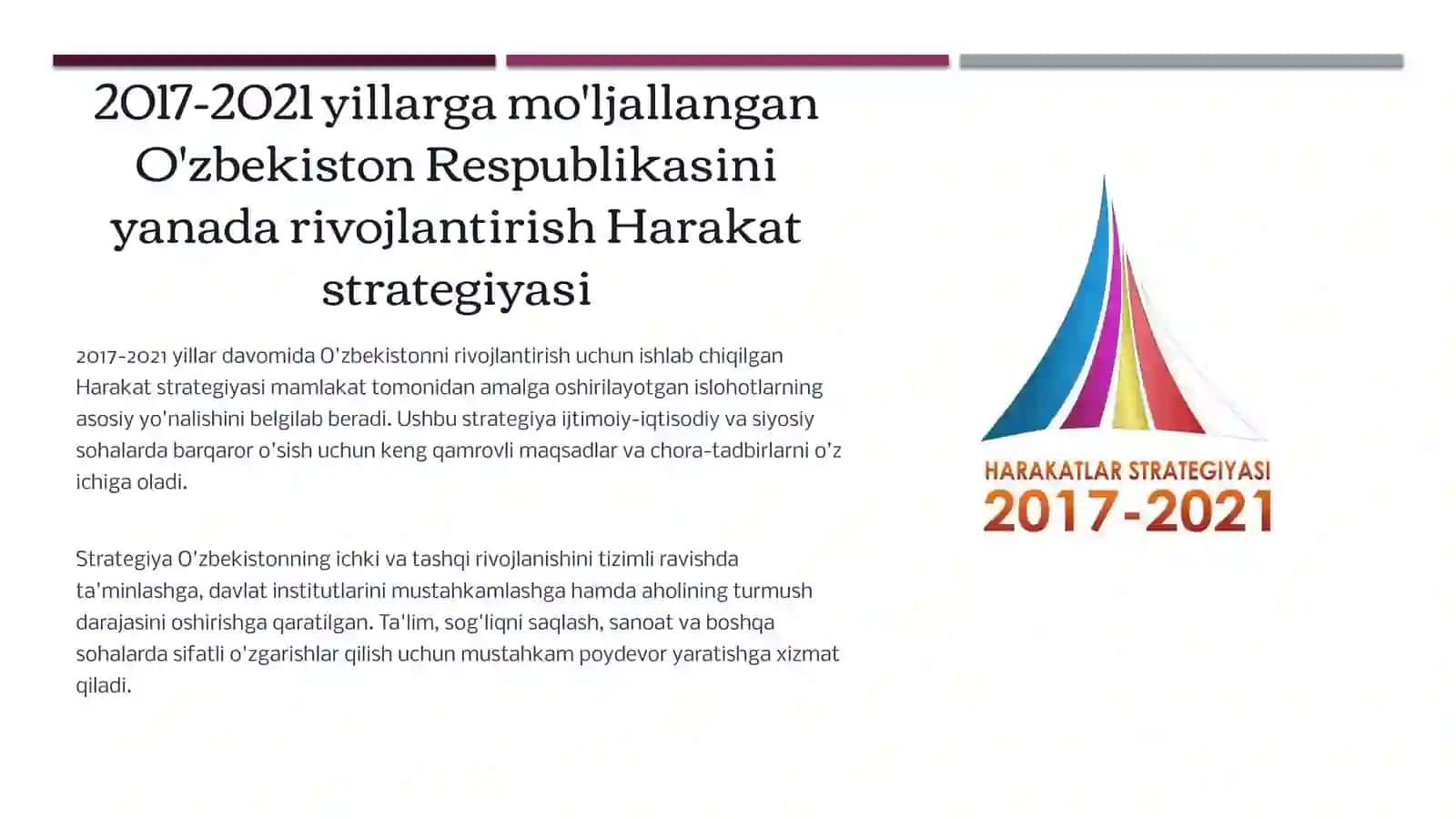 2017-2021 yillarga mo’ljallangan O’zbekiston Respublikasini yanada  rivojlantirish Harakat strategiyasi 2