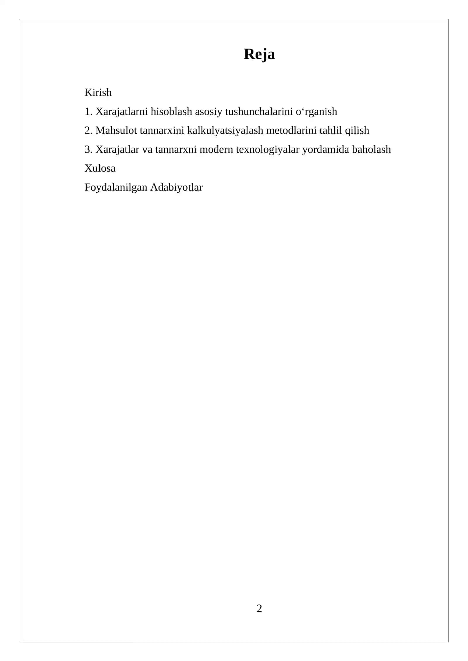 Xarajatlarni hisobga olish va mahsulot tannarxini kalkulyatsiyalash referati 2