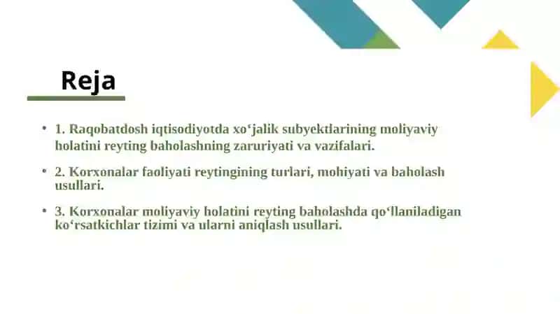 Korxonalar moliyaviy holatini reyting baholash va tahlil qilish 2