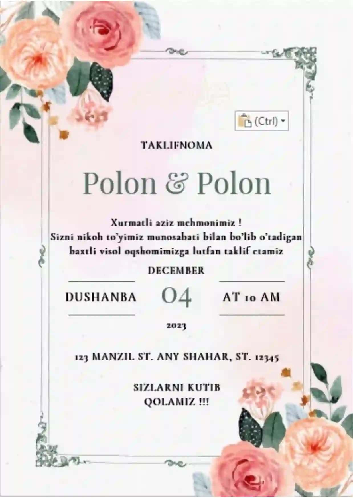 TAKLIFNOMA - To‘y hat, tug‘ilgan kun, yubiley, bayram, tadbir va boshqa quvonchli kunlaringiz uchun tayyor, chiroyli va zamonaviy tahrirlanadigan taklifnoma 2