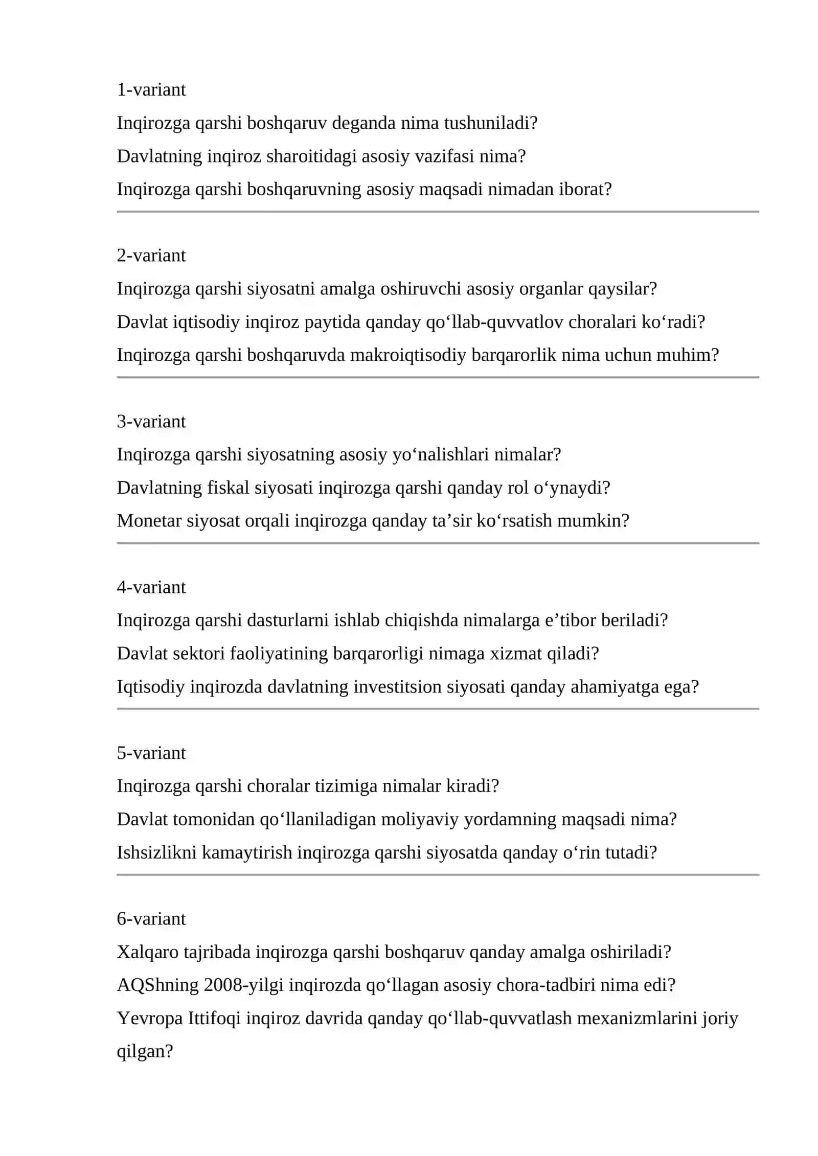 Inqirozga qarshi boshqaruvda davlatning ahamiyati va davlat tomonidan amalga oshiriladigan chora-tadbirlarni xorijiy mamlakat yoki milliy iqtisodiyot tajribasi asosida yoritish 2