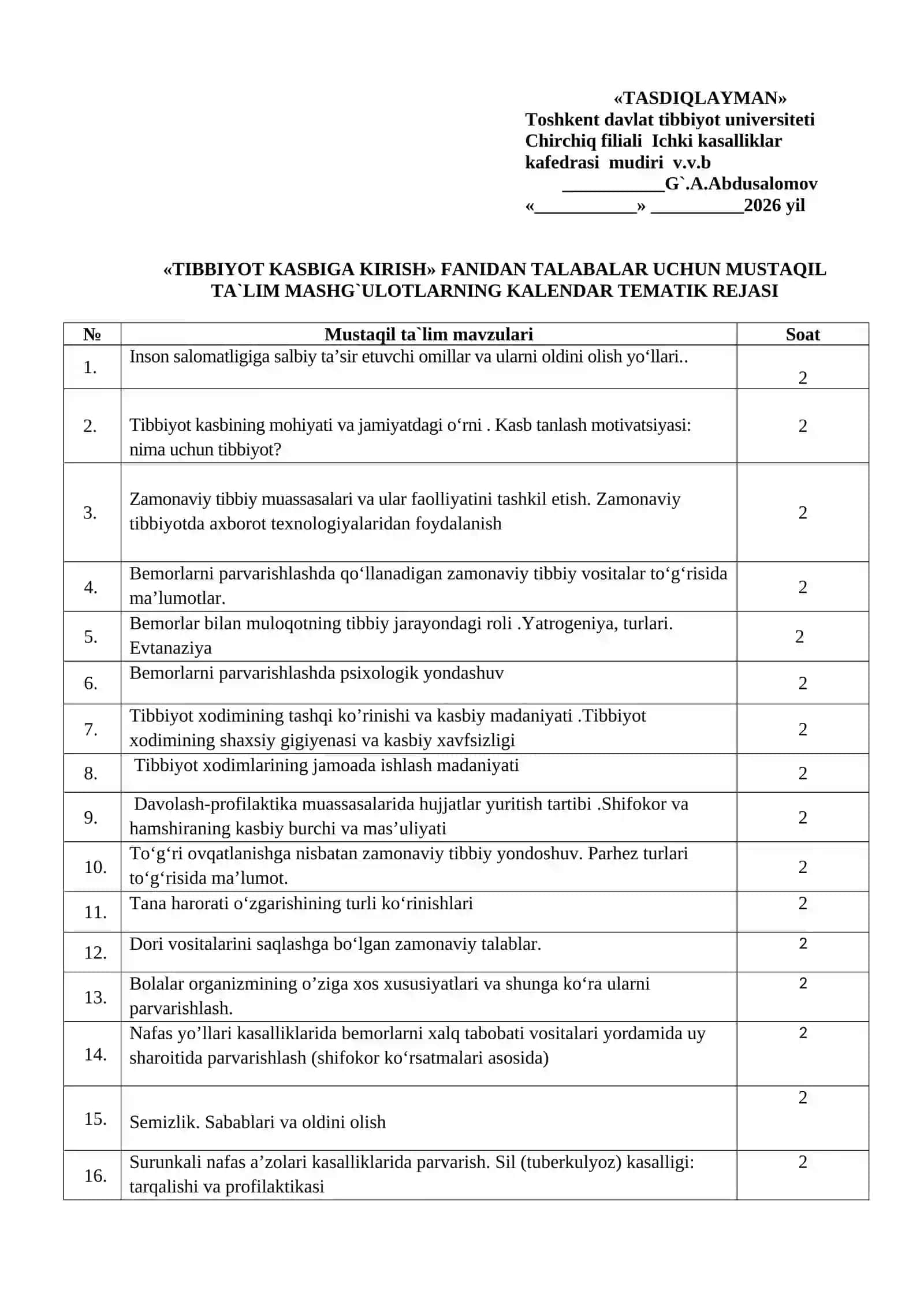 TIBBIYOT KASBIGA KIRISH. AMALIY MASHG`ULOTLARNING KALENDAR TEMATIK REJASI 2