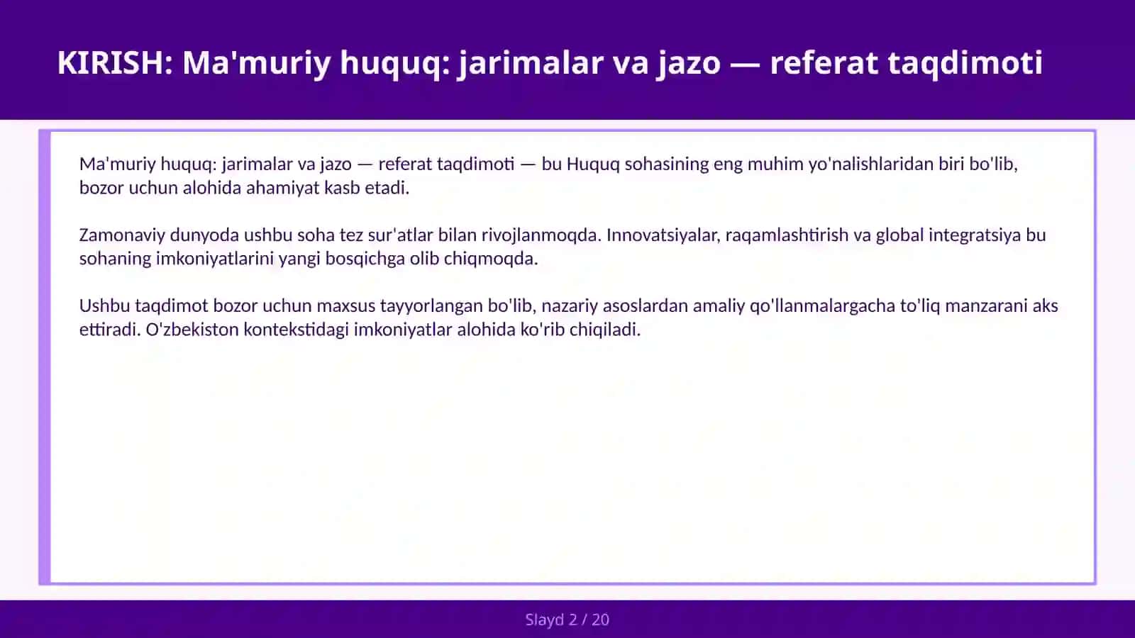 Ma'muriy huquq: jarimalar va jazo — referat taqdimoti 2