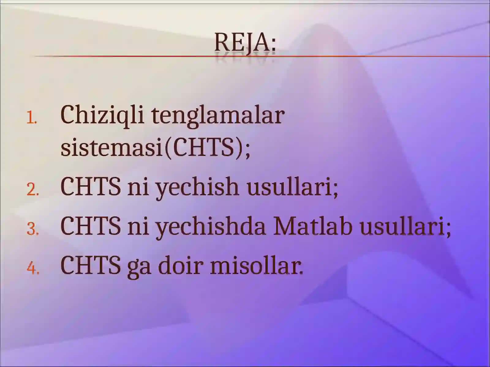 Chiziqli tenglamalar sistemasi va uni yеchish uchun MATLAB funksiyalari 2