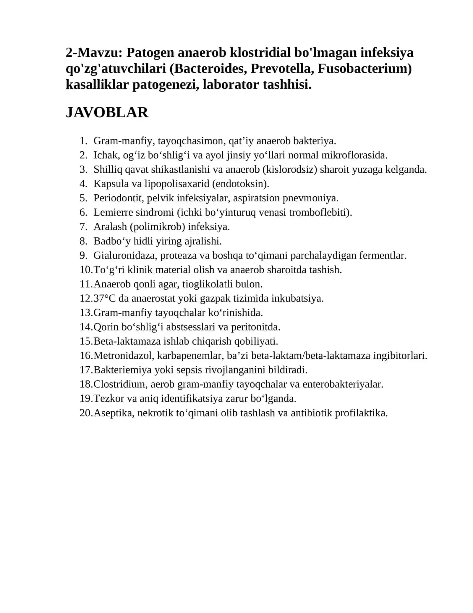 Patogen anaerob klostridial bo'lmagan infeksiya qo'zg'atuvchilari (Bacteroides, Prevotella, Fusobacterium) kasalliklar patogenezi, laborator tashhisi 2