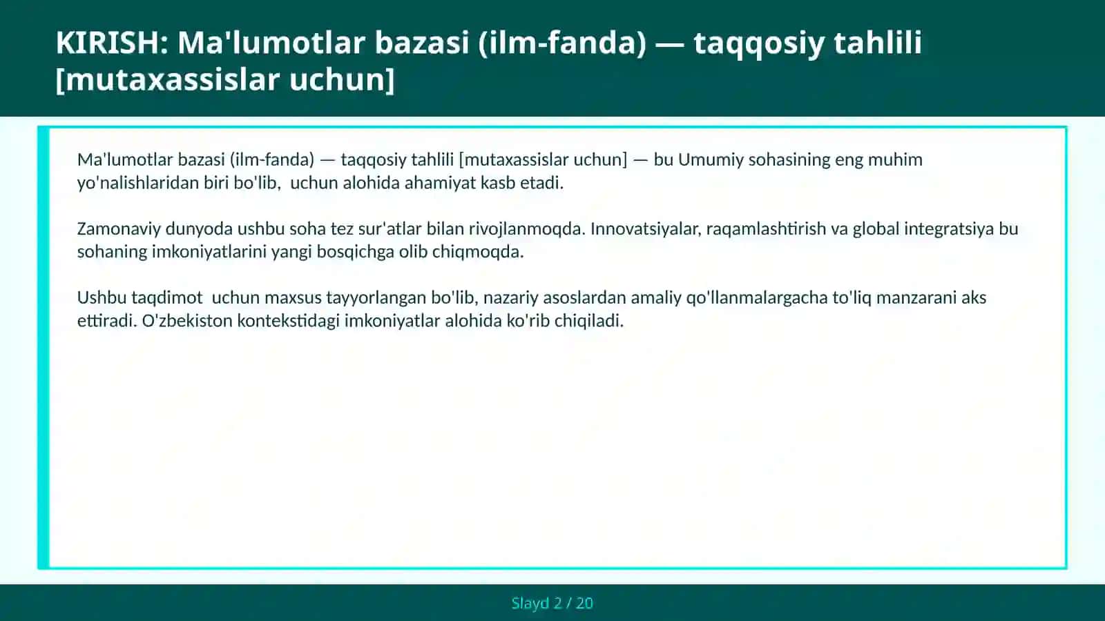 MA'LUMOTLAR BAZASI (ILM-FANDA) — TAQQOSIY TAHLILI [MUTAXASSISLAR UCHUN] 2