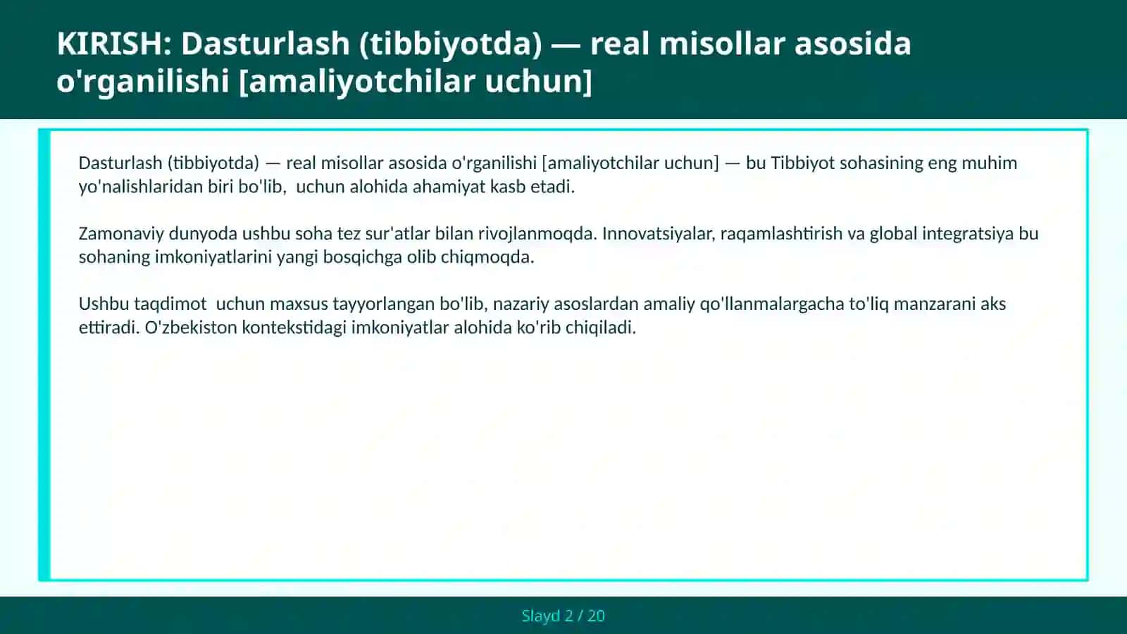 Dasturlash (tibbiyotda) — real misollar asosida o'rganilishi [amaliyotchilar uchun] 2