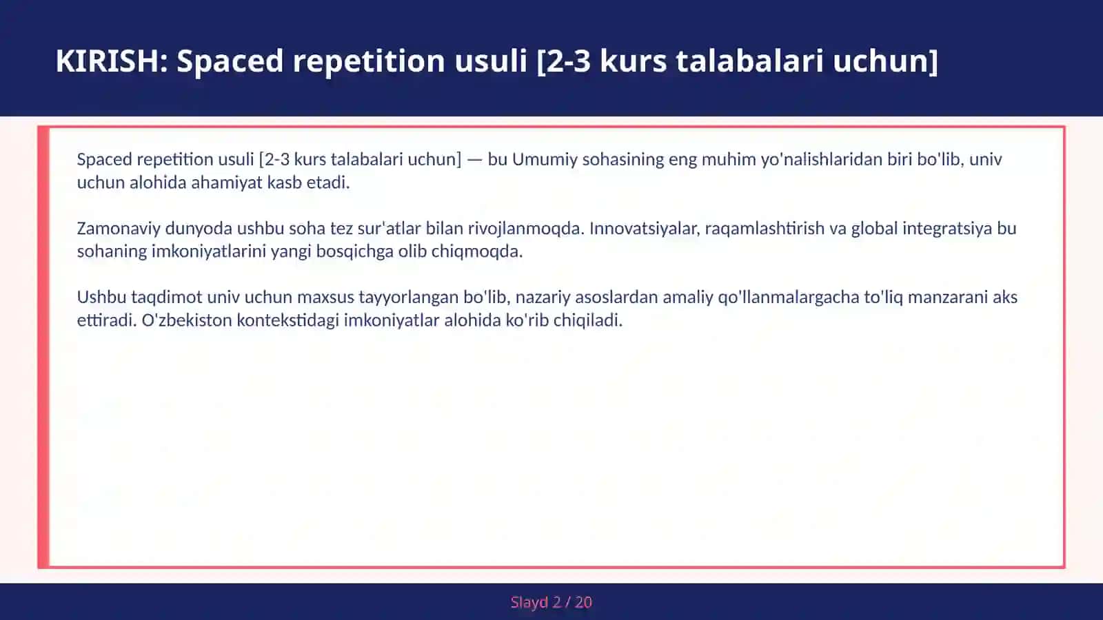 SPACED REPETITION USULI [2-3 KURS TALABALARI UCHUN] 2