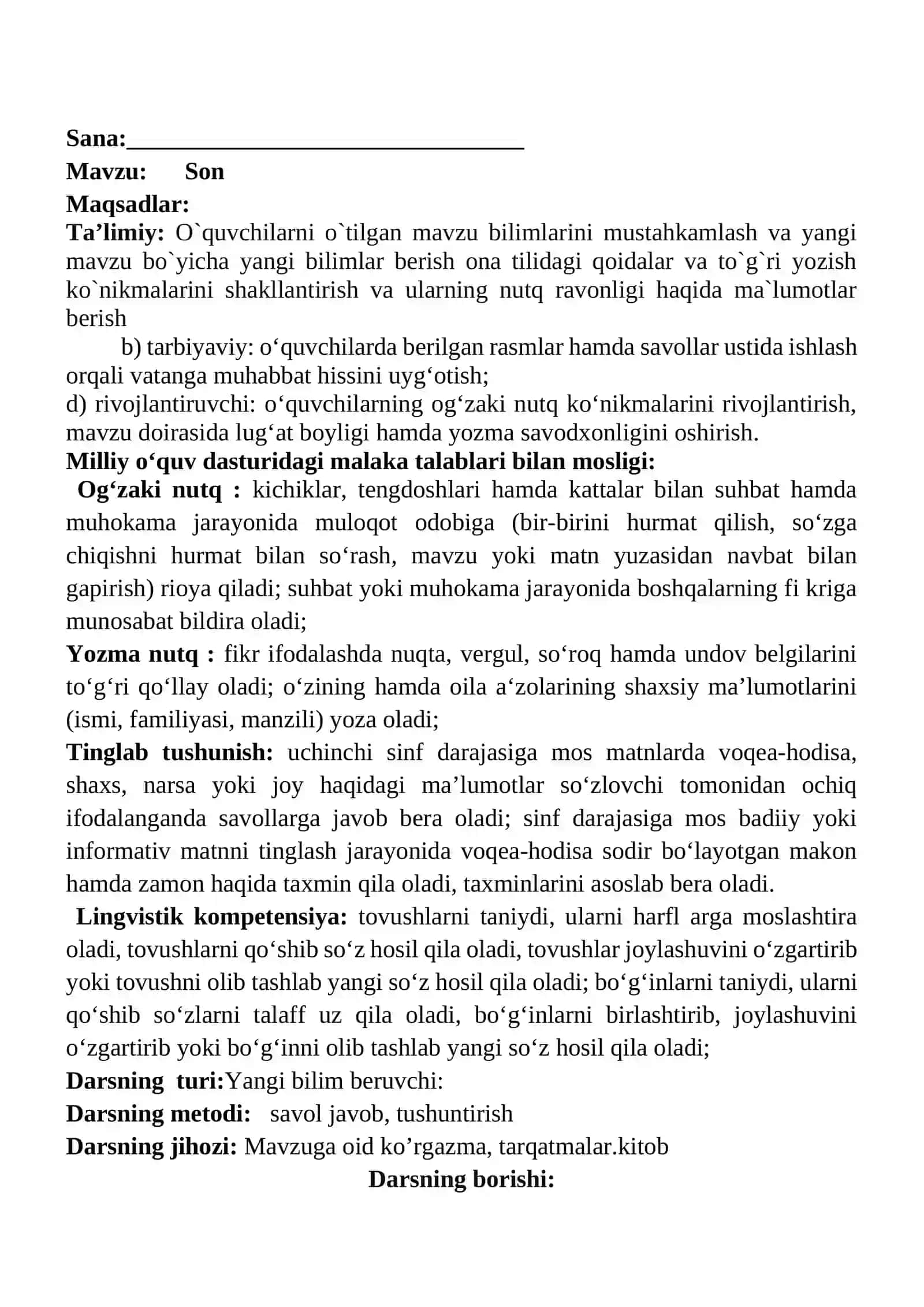 Son mavzusida 3-sinf Ona tili fanidan dars ishlanmasi 2
