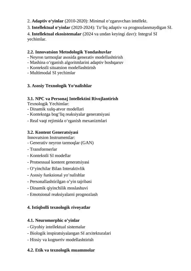 Oʻyin sanoatida sunʼiy intellektdan foydalanish imkoniyatlari 2