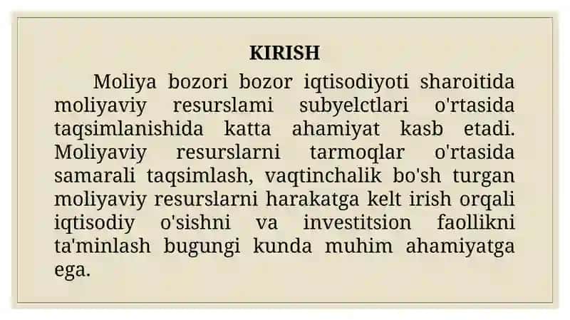 O‘zbekiston Respublikasida ishlab chiqarishni moliyalashtirishda moliya bozorining roli 2