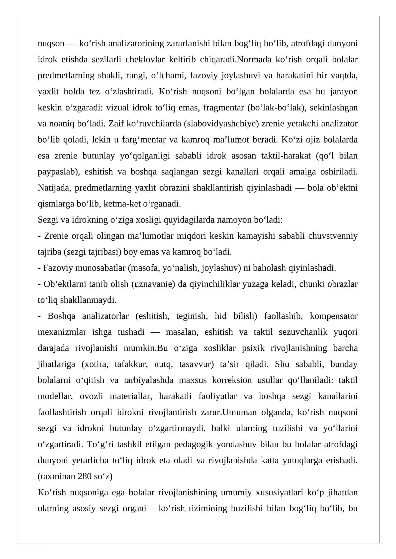 Ko‘rish nuqsoniga ega bolalar sezgi va idrokining o‘ziga xosligi 2