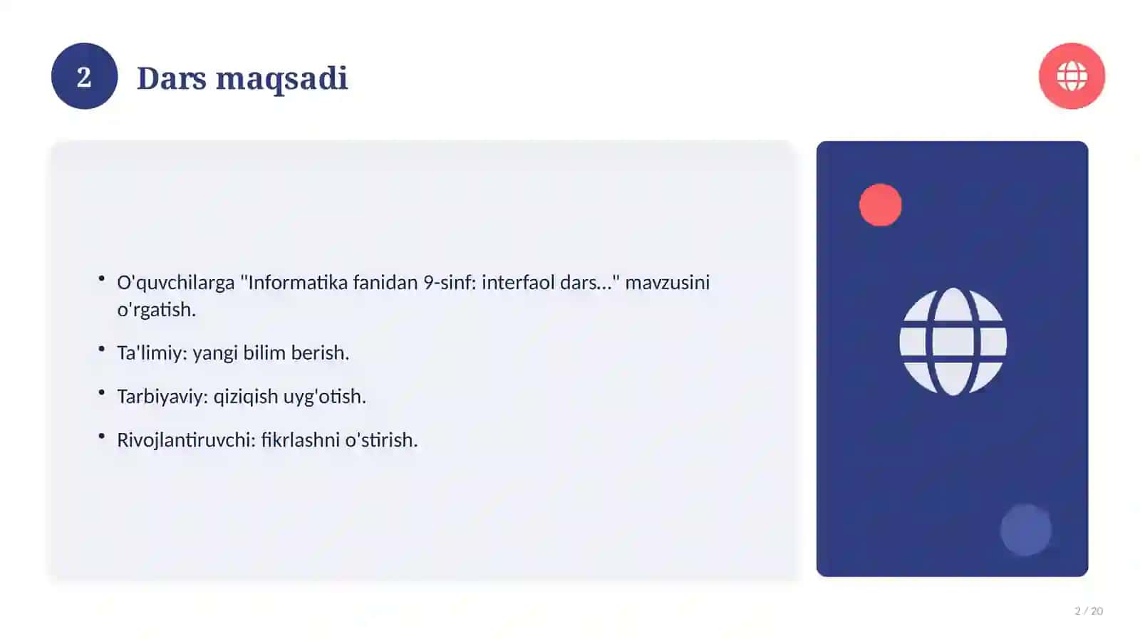 Informatika fanidan 9-sinf: interfaol dars ishlanmasi 2