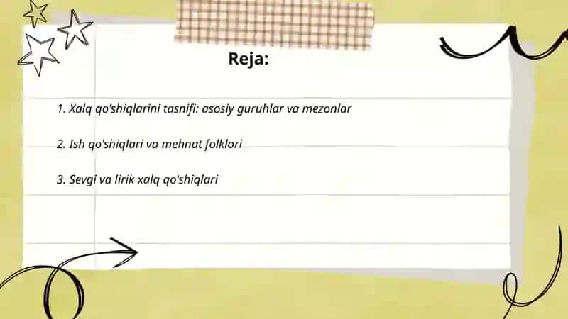Xalq qo'shiqlarini tasn tasnifi. Bolalar qo'shiqlari 2