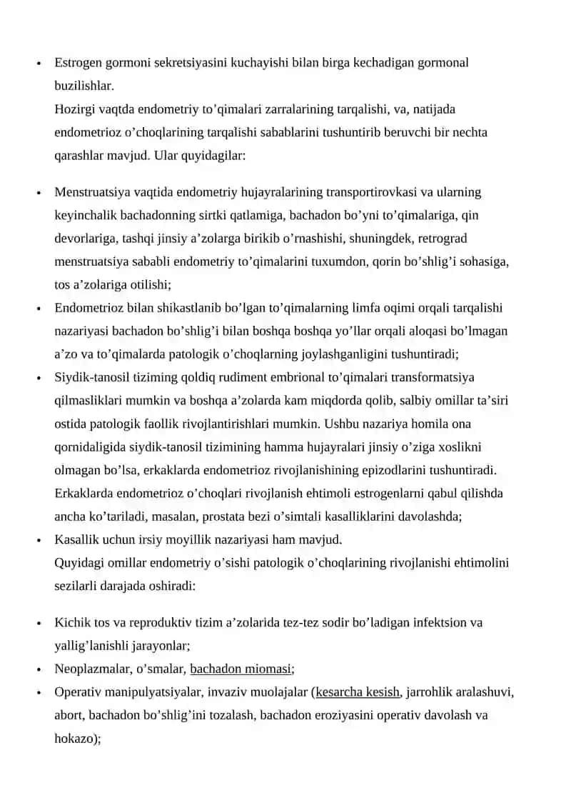 ENDOMETRIOZ: SABABLARI, ALOMATLARI, TASNIFI, DAVOLASH, OLDINI OLISH, ASORATLARI 2