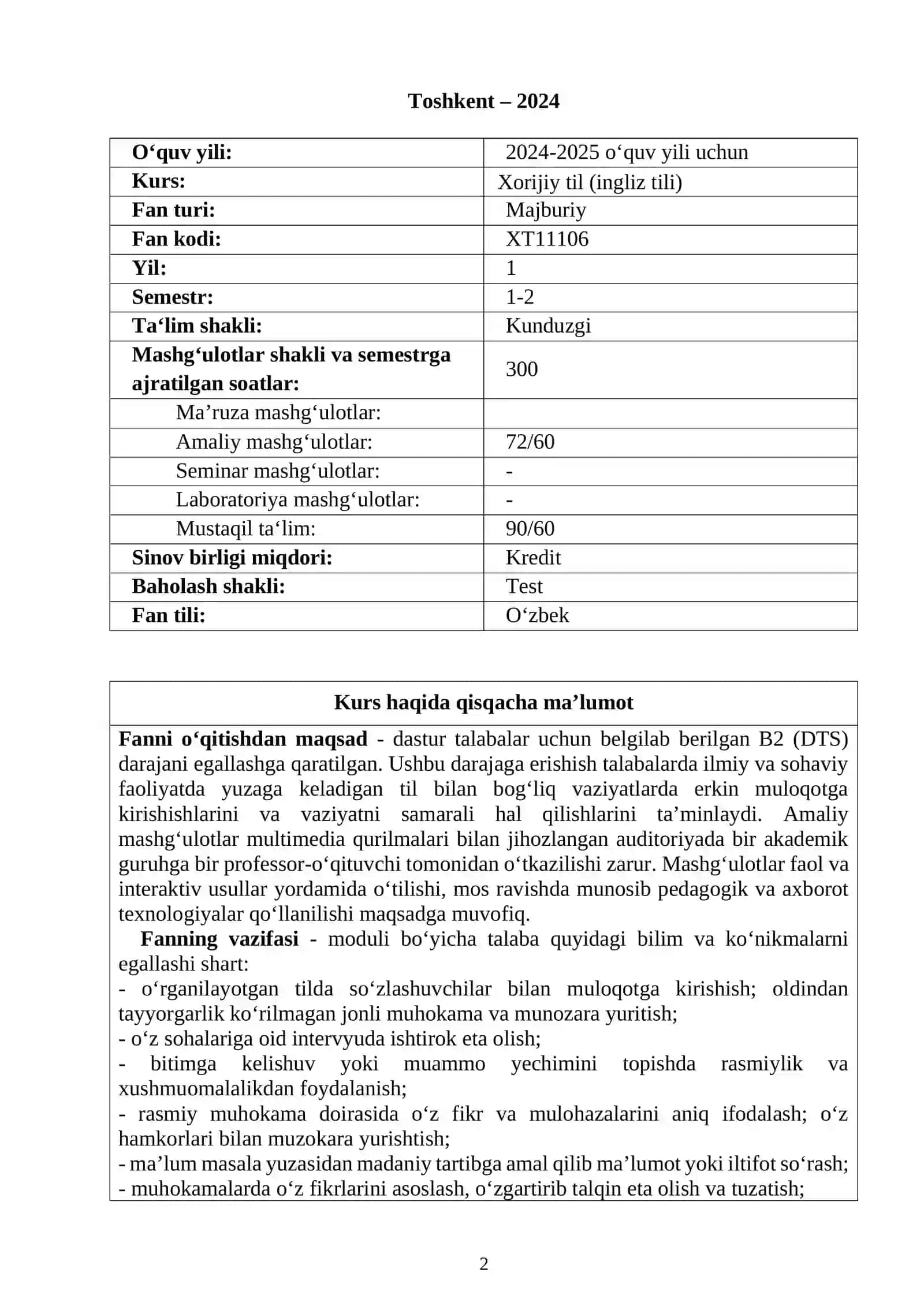 XORIJIY TIL (ingliz tili) FANI BO‘YICHA SILLABUS 2