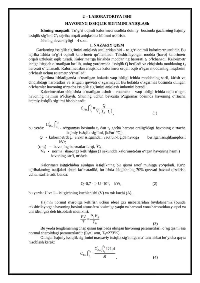 TERMODINAMIKA VA ISSIQLIK TEXNIKASI LABORATORIYA ISHI 2