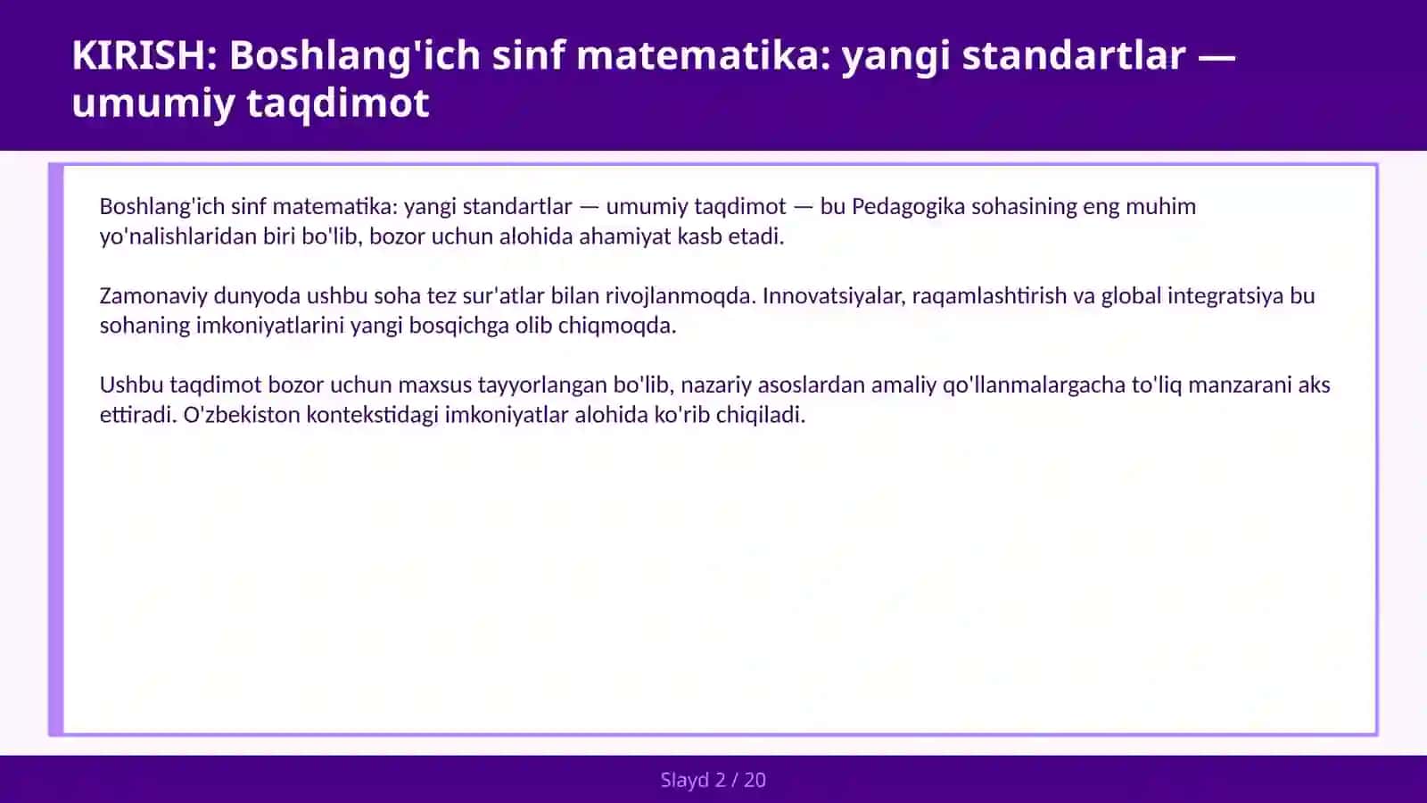 Boshlang'ich sinf matematika: yangi standartlar — umumiy taqdimot 2