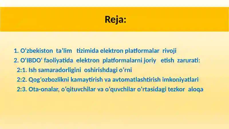 Umumiy o‘rta ta’lim maktablarida o‘quv ishlari bo‘yicha direktor o‘rinbosarlarining ish jarayonida elektron platformalarni joriy etishning zarurati. 2