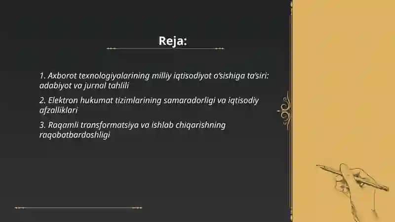 Iqtisodiyotda axborot texnologiyalarining o’rni va ahamiyati bo’yicha sohaga oid adabiyotlar, Internet ma’lumotlari va ilmiy-texnik jurnallar asosida taxliliy materiallar 2