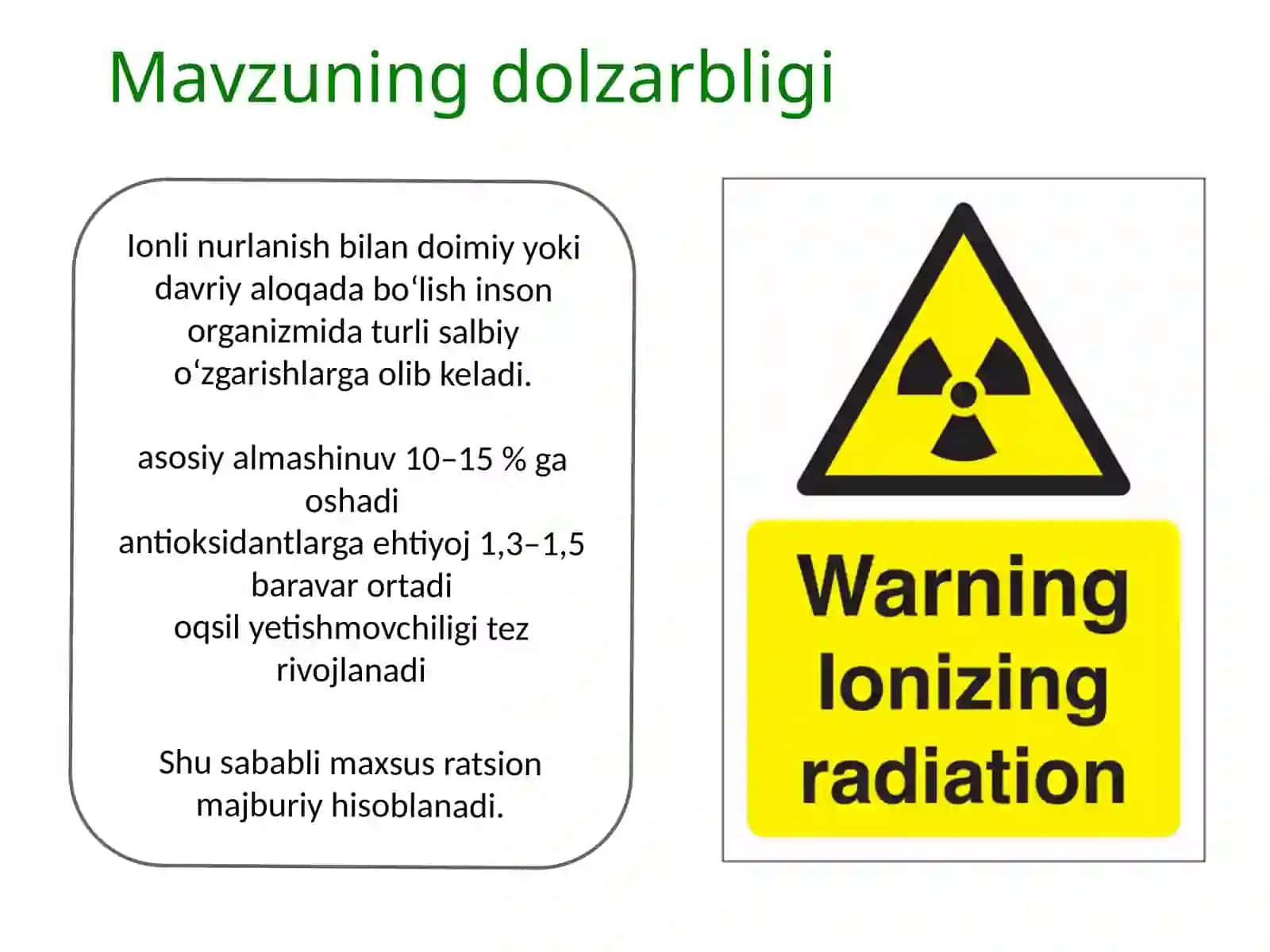 Ionli nurlanishlar bilan ishlovchilar uchun profilaktik ratsion tuzish 2