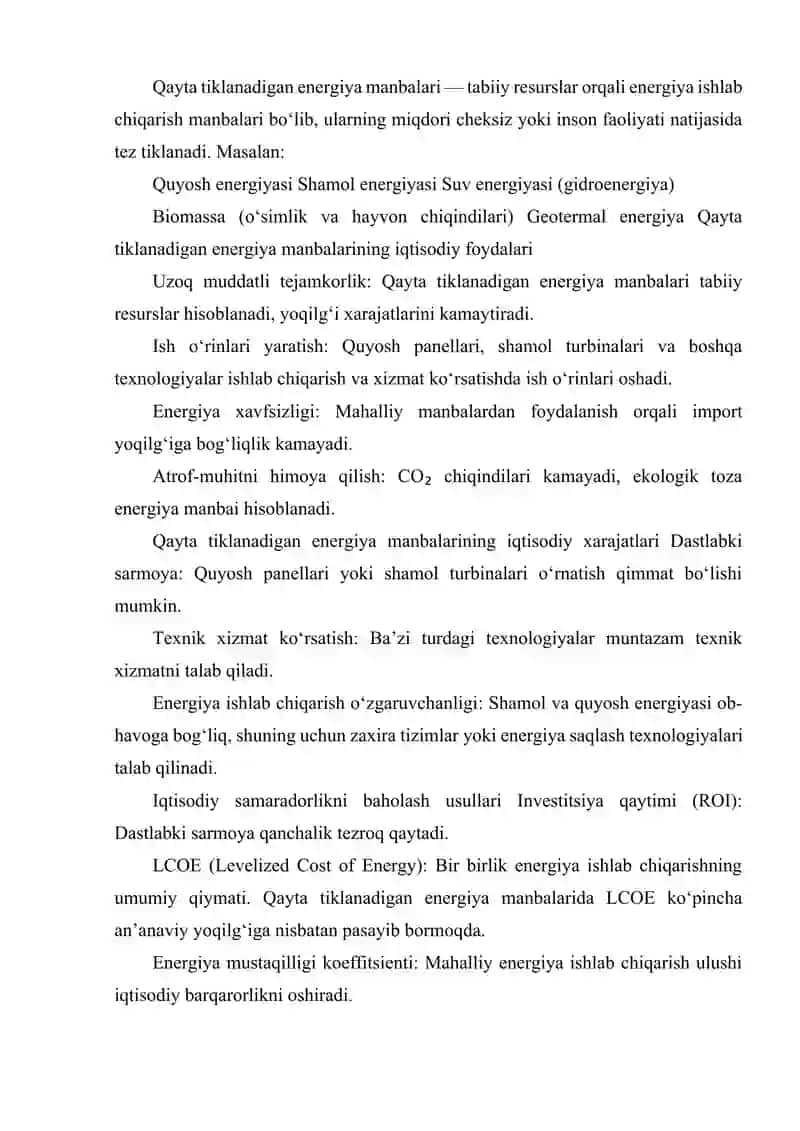 QAYTA TIKLANADIGAN ENERGIYA MANBALARDAN FOYDALANISH IQTISODIYOTI 2