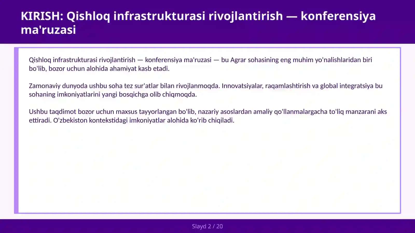 Qishloq infrastrukturasi rivojlantirish — konferensiya ma'ruzasi 2