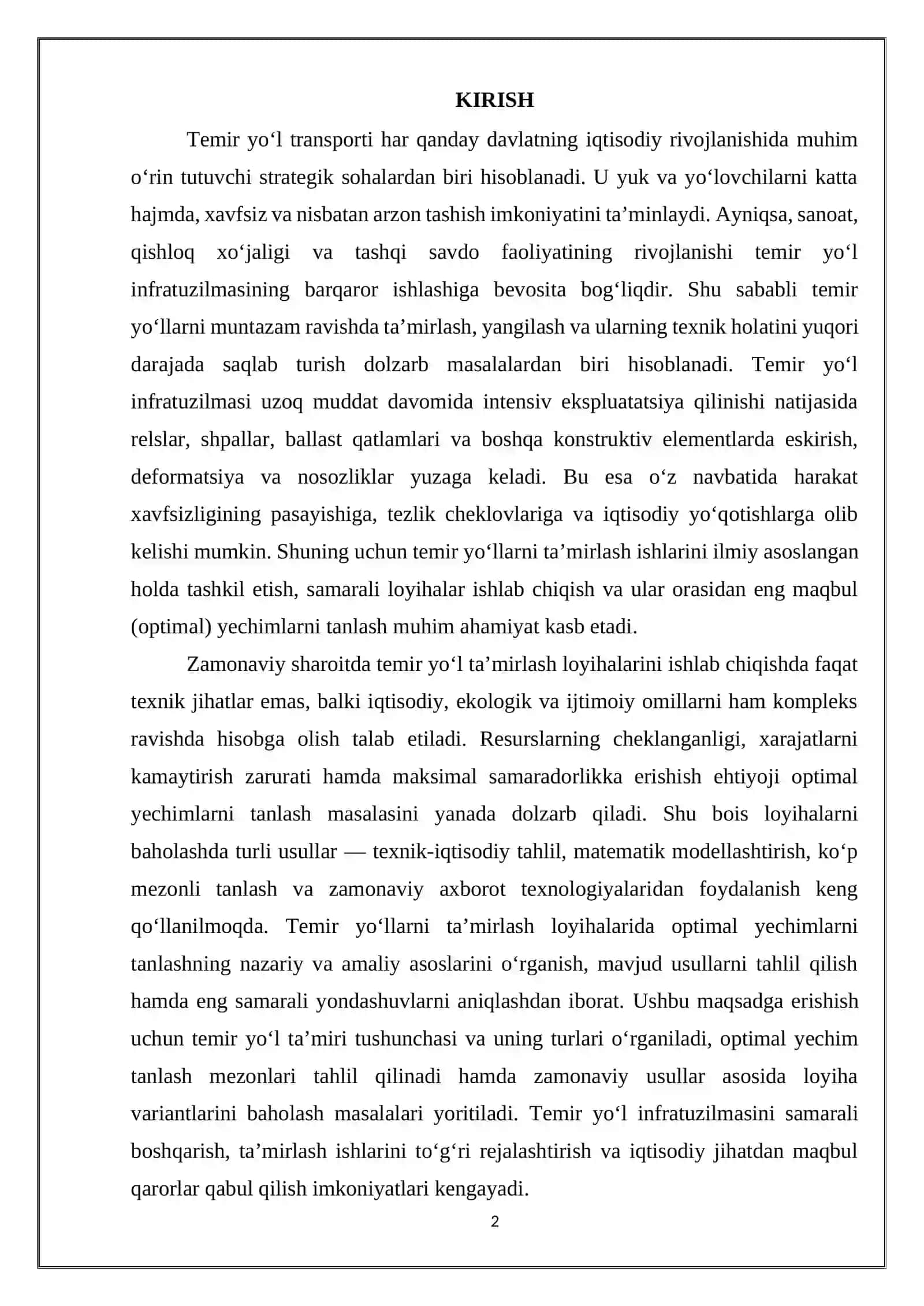 Temir yo‘llarni ta’mirlash loyihalarining optimal echimlarini tanlash usullari 2