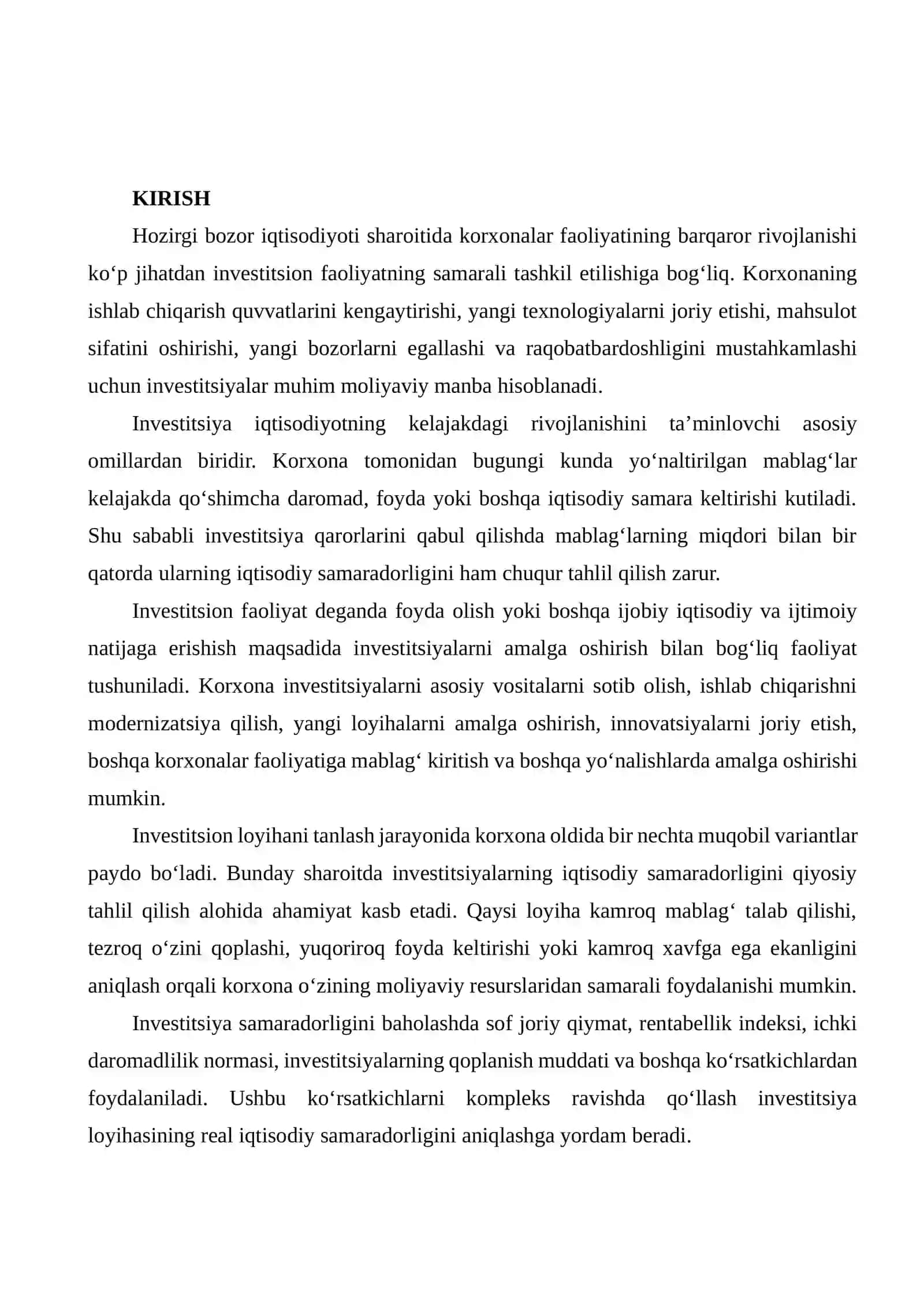 KORXONANING INVESTITSION FAOLIYATI VA INVESTITSIYALARNING IQTISODIY SAMARADORLIGINI QIYOSIY TAHLIL QILISH 2