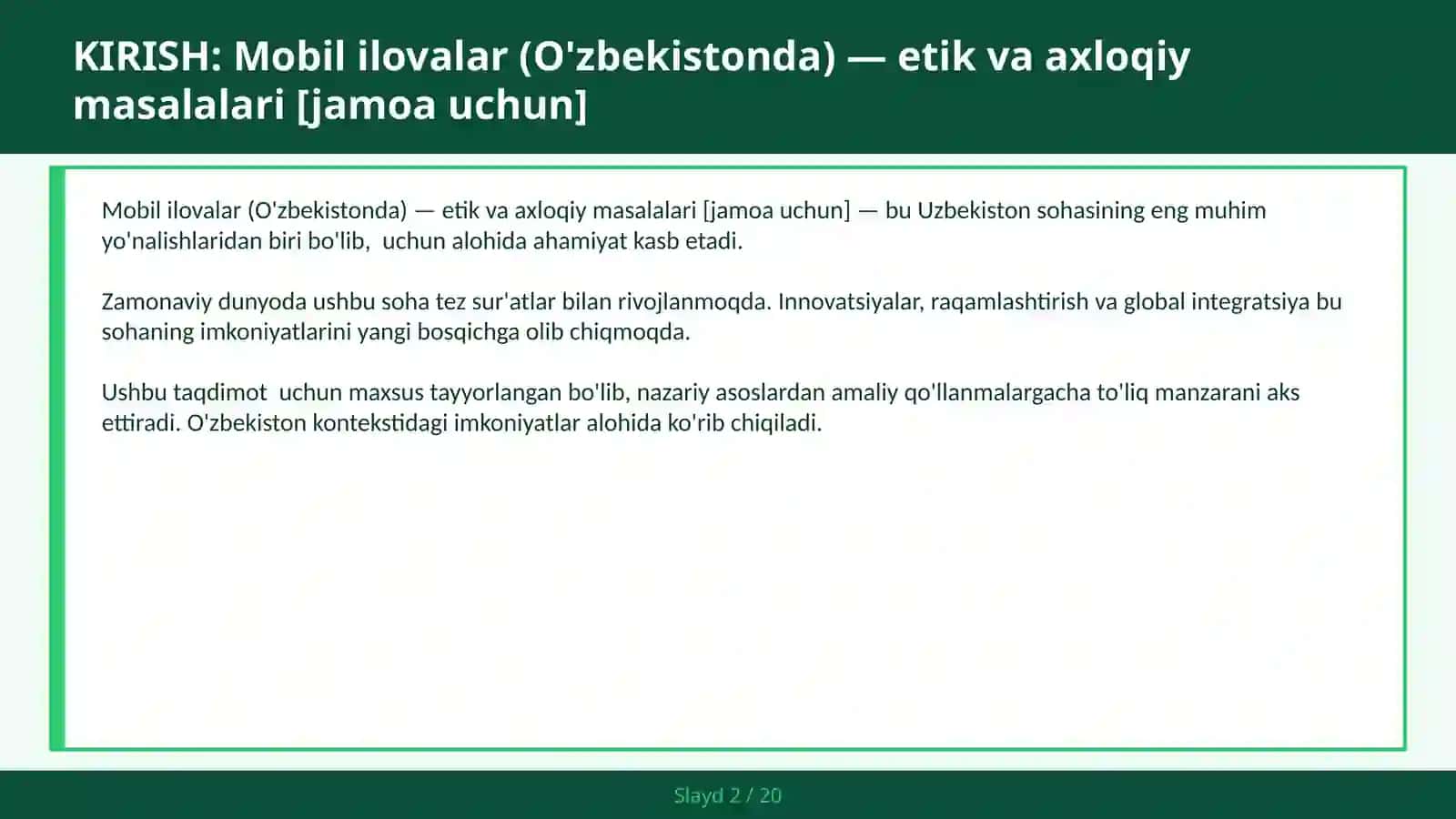 MOBIL ILOVALAR (O'ZBEKISTONDA) — ETIK VA AXLOQIY MASALALARI [JAMOA UCHUN] 2