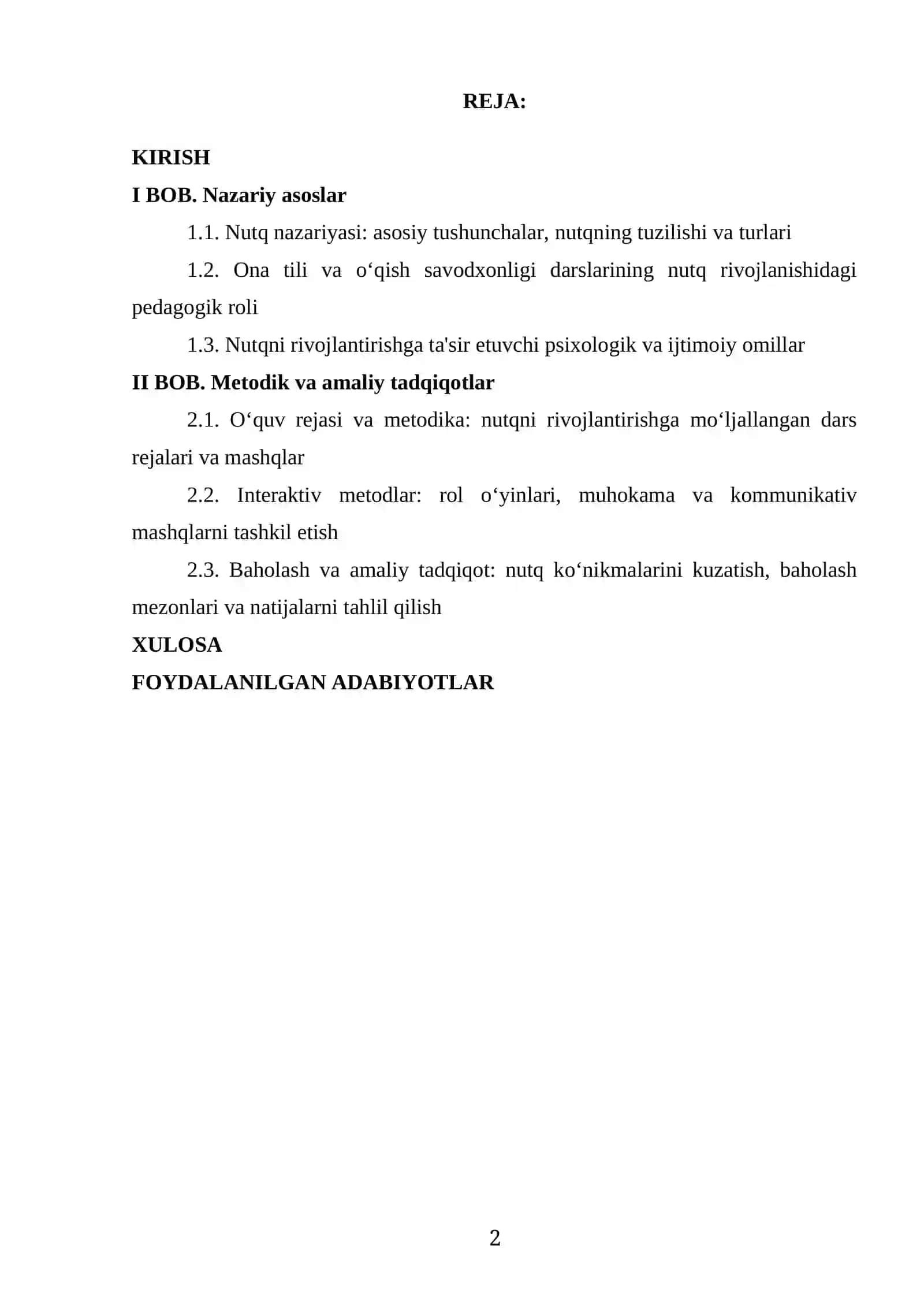 “ONA TILI VA OʻQISH SAVODXONLIGI DARSLARIDA OʻQUVCHILAR NUTQINI OʻSTIRISH” mavzusida tayyor kurs ishi 2