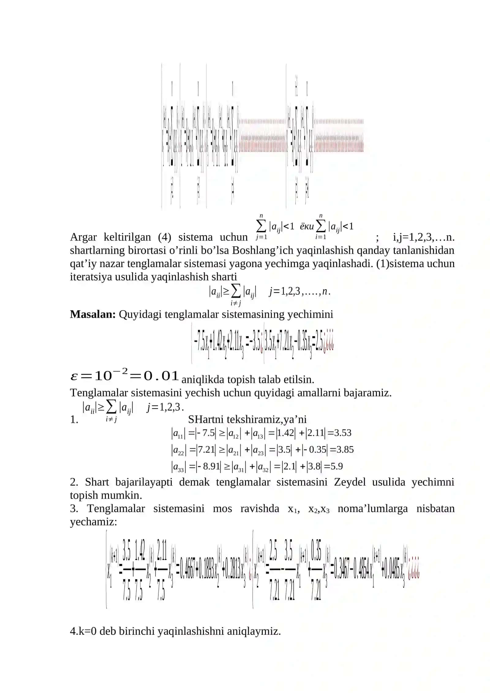 Chiziqli algebraik tenglamalar sistemasini taqribiy yechishning oddiy iteratsiya va Zeydel usullari. Iteratsion jarayon yaqinlashishining zaruriy shartlari mavzusida dars ishlanma. 2