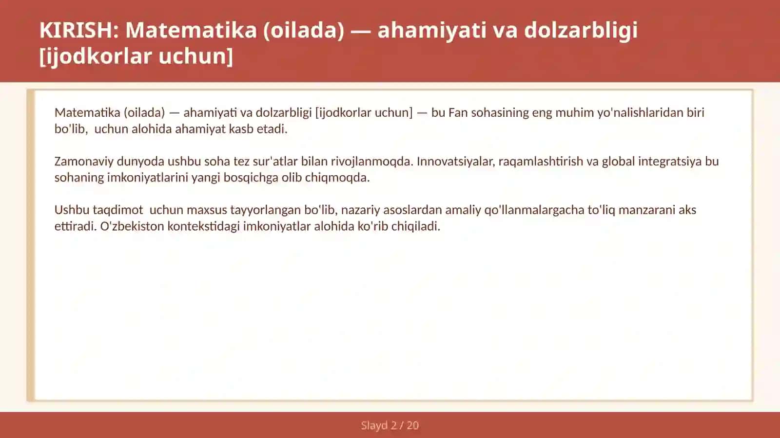 Matematika (Oilada) - Ahamiyati va Dolzarbligi [Ijodkorlar Uchun] 2