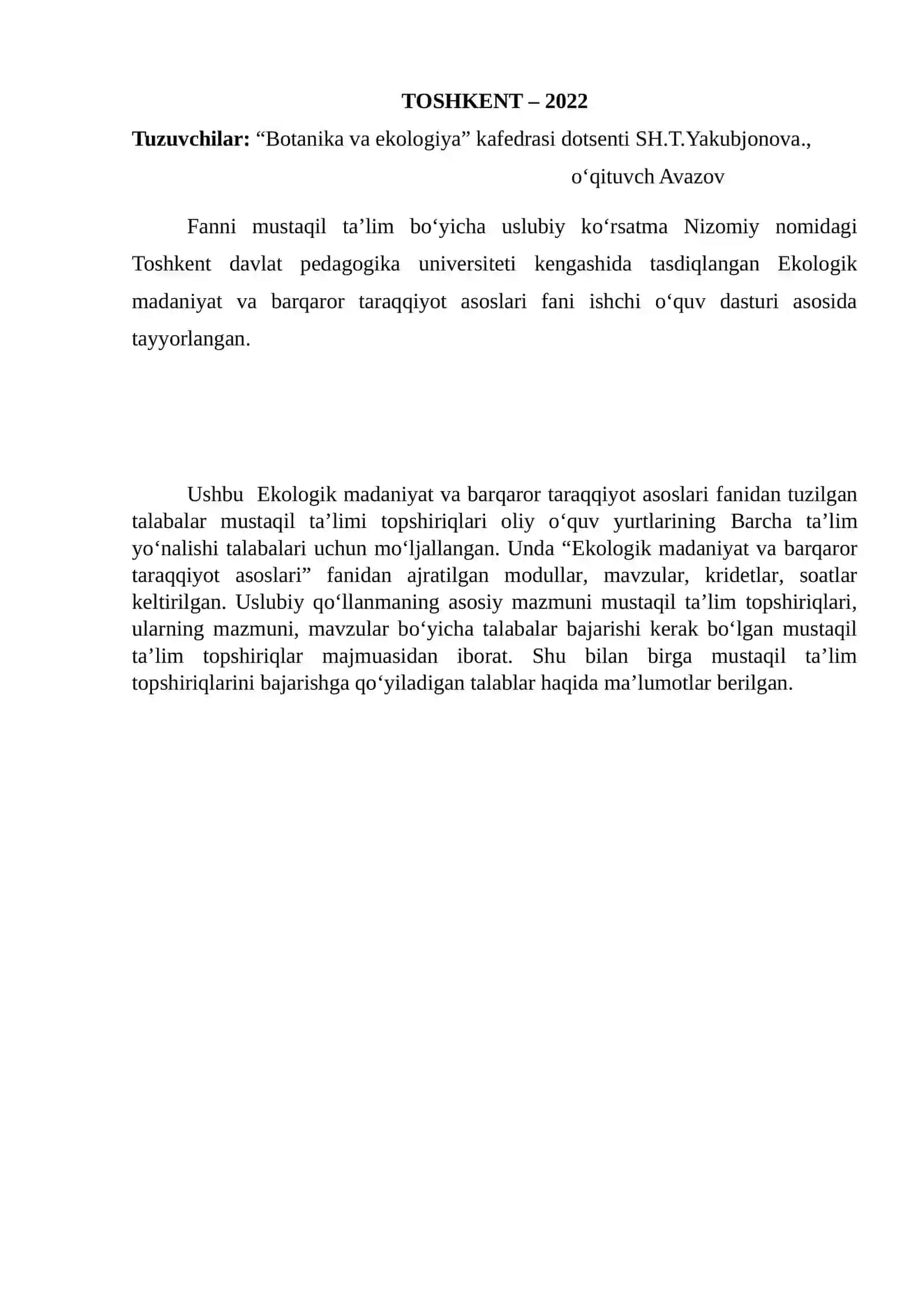Ekologik madaniyat va barqaror taraqqiyot asoslari fani ta'lim bo'yicha uslubiy korsatma 2