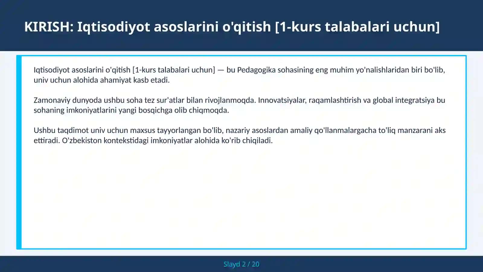 Iqtisodiyot asoslarini o'qitish [1-kurs talabalari uchun] 2