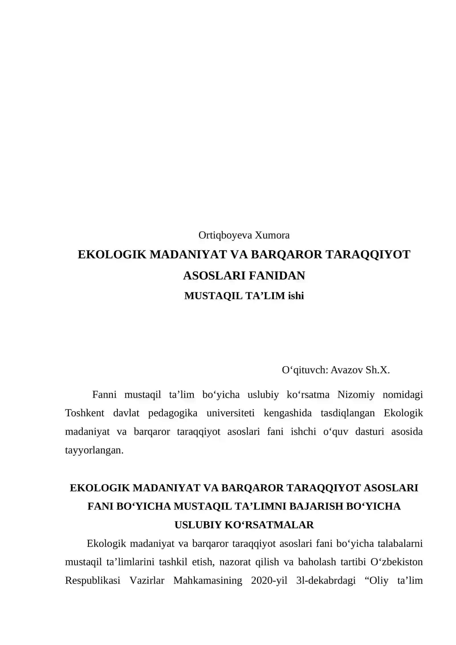 Ekologik madaniyat va Barqaror taraqqiyot asoslari fanidan Mustaqil ta'lim 2