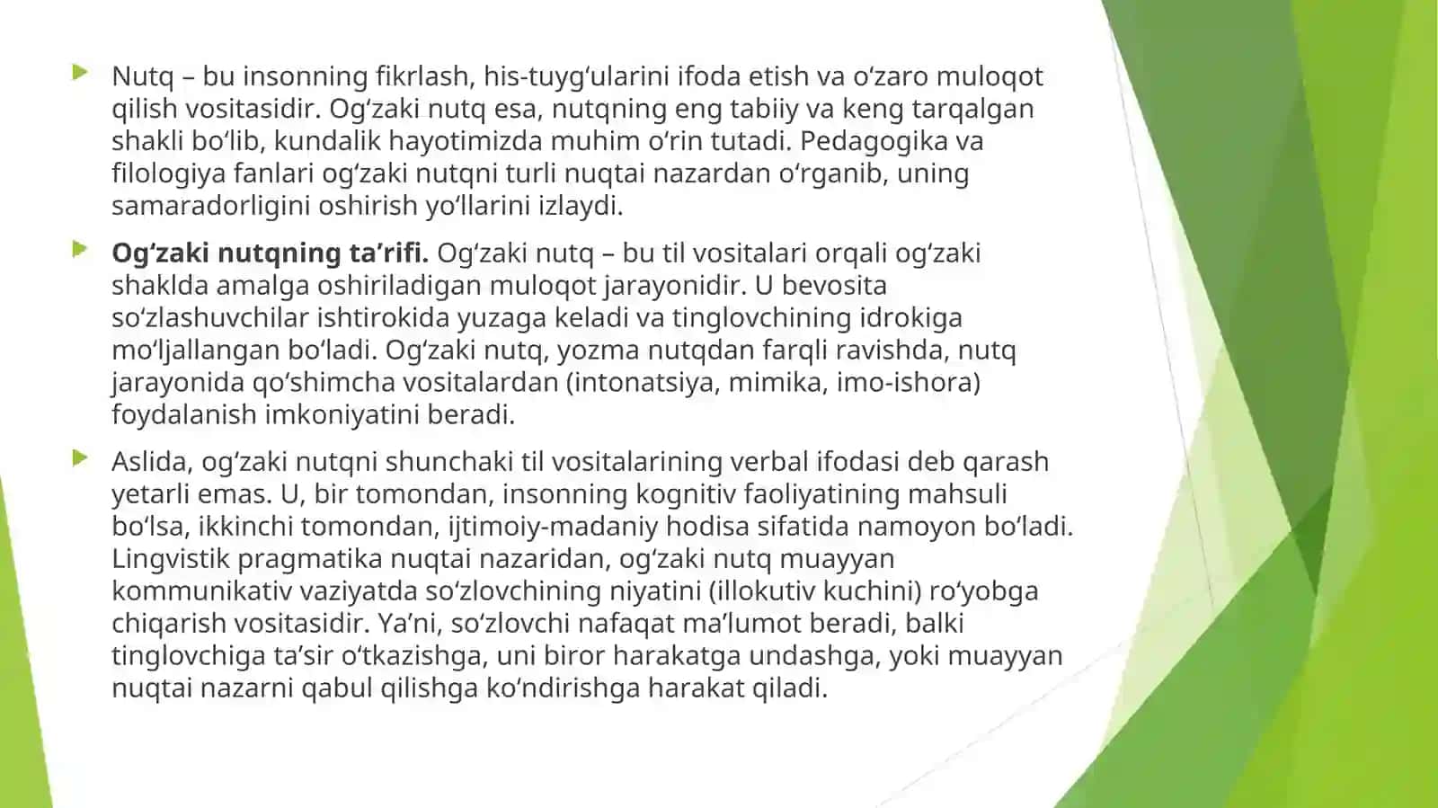 OG’ZAKI NUTQNING PEDAGOGIK VA FILOLOGIK ASOSLARI: TA’RIFI, VAZIFALARI, TAMOYILLARI. OG’ZAKI NUTQNING KOMMUNIKATIV XUSUSIYATLARI: MULOQOTNING SHAKLLARI VA TURLARI. OG’ZAKI NUTQNING PSIXOLINGVISTIK JIHATLARI: TAFAKKUR, XOTIRA, HISSIYOTLAR 2