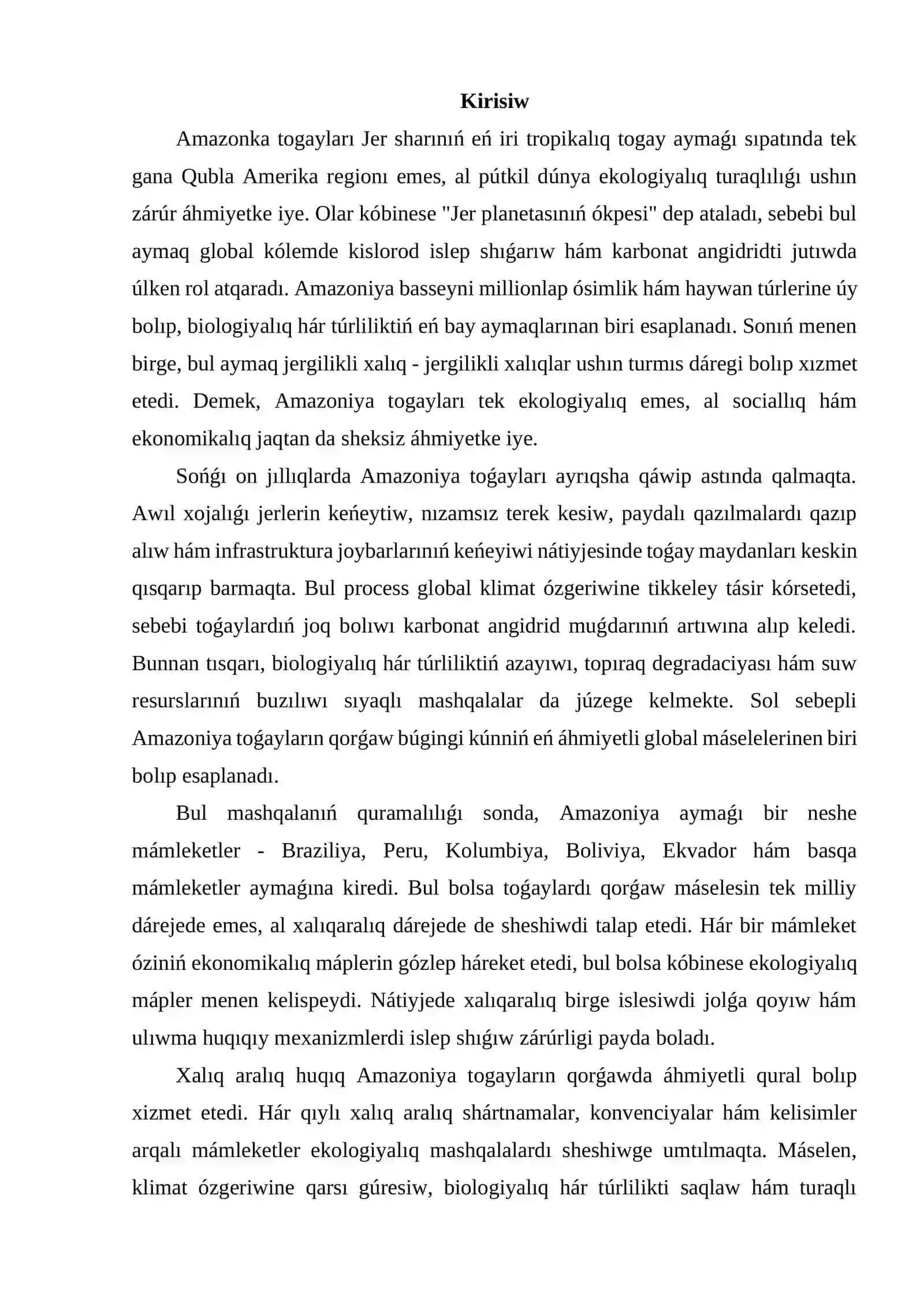 Amazoniya toǵayların qorǵawdıń xalıq aralıq-huqıqıy mashqalaları hám zamanagóy sheshimleri 2